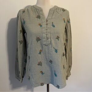Coldwater Creek XS Sage Green Embroidered Cactus Button-Front Blouse cotton